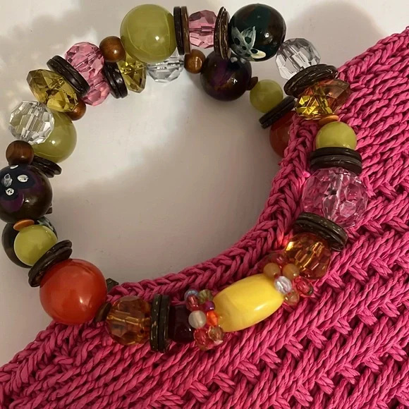 Cappelli Mini Handbag Purse Hot Pink Beaded Handle Woven Straw Summer Fun Small - Picture 3 of 16